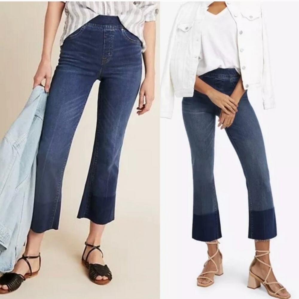 NWT SPANX Cropped Flare Denim Jean High Rise Pull On Medium Wash Navy Bl…